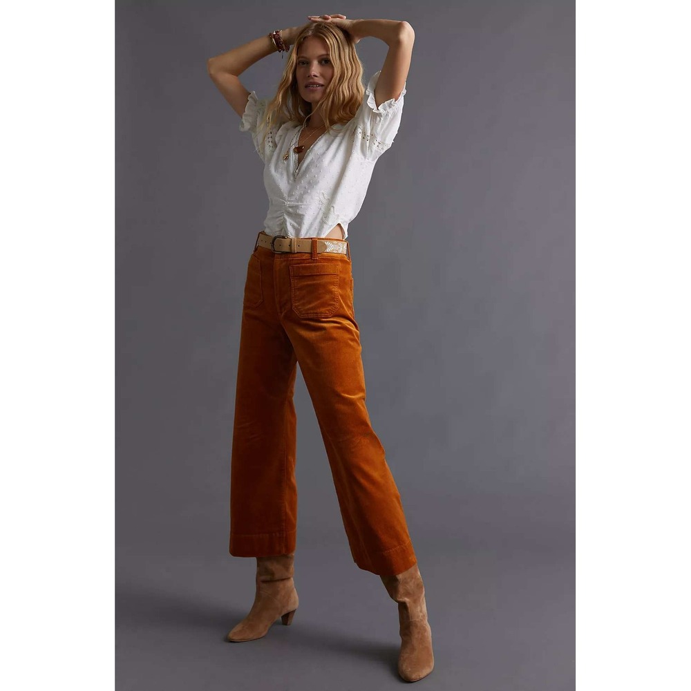Maeve Anthropologie The Colette Cropped Wide Leg Corduroy Pants Orange Ochre 25
